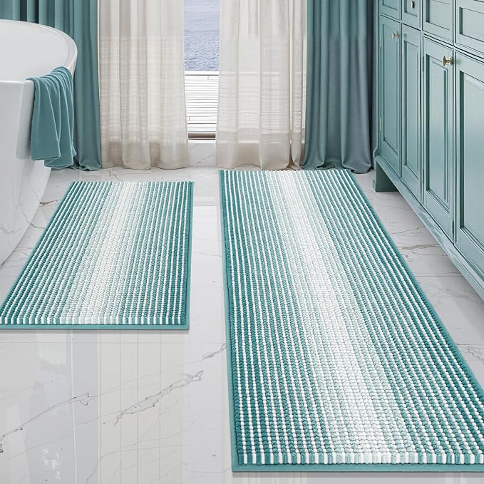 Bathroom Rugs and Mats Sets, 2 Piece Thick Absorbent Chenille Bath Mat Rug Set Non Slip, Soft Shaggy Bath Room Floor Mats for Bathroom, Machine Washable (Aqua Green, 20" x 60" Plus 20" x 32")