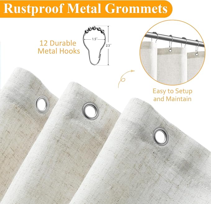 Extra Long Cream Shower Curtains 92 Length Natural Linen Fabric Shower Curtain Set Tall Bath Curtain with See Through Top Window and Hooks Country Farmhouse Style,Cream,72x92