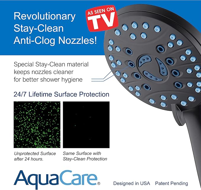AquaCare High Pressure 8-mode Handheld Shower Head - Anti-clog Nozzles, Built-in Power Wash to Clean Tub, Tile & Pets, Extra Long 6 ft. Stainless Steel Hose, Wall & Overhead Brackets | Stay Clean Nozzles, Dual Power Wash for Tub, Tile & Pets, Long 6 ft...
