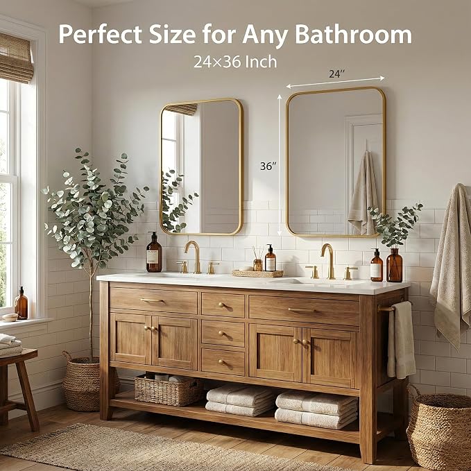 2-Pack 24x36 Inch Antique Gold Rounded Rectangle Vanity Mirrors | Double Vanity or Two Bathrooms, Pair or Separate Use, Iron Frame, Layered Shadow Box Look, Two-Way Mount