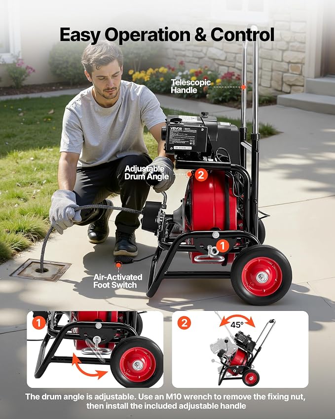 VEVOR Drain Cleaner Machine 75 FT x 1/2 Inch, Auto Feed Sewer Snake Auger, Portable Drain Cleaning Machine with Climbing Wheels, Adjustable Drum, 8 Cutters & Foot Switch for 2" to 6" Pipes