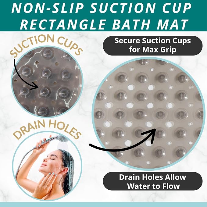 ENKOSI Non-Slip Bath & Shower Mat 40x16 Extra Long, Suction & Drain Holes | Clear Gray look; Durable PVC; 40x16 in, Clear Gray