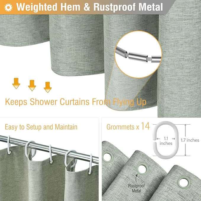 84x72 Wide Linen Textured Waterproof Cloth Shower Curtain, Sage Green | Wide Size, 230GSM Polyester, Heavy Duty Fabric, Weighted Hem, 14 Plastic Hooks, Modern Luxury Hotel Style, Machine Washable