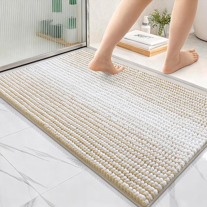 OLANLY Bathroom Rugs 36x24, Soft Chenille Striped Bath Rugs, Beige | Extra Absorbent, Rubber Backing, Machine Wash Dry, Bath Mats for Bathroom Floor, Tub and Shower, Home Decor Accessories