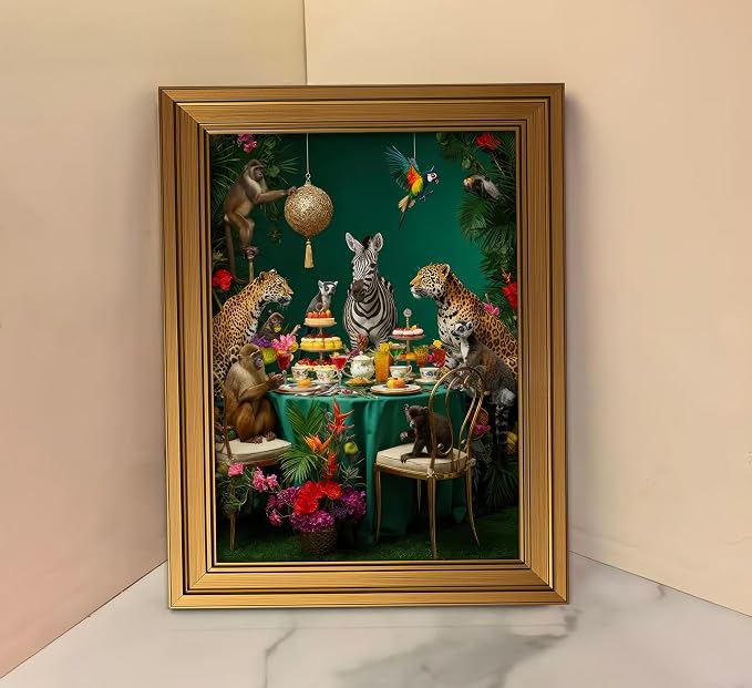Vintage Gold Framed Jungle Animal Wall Art Colorful Safari Dinner Tea Party Picture Wall Decor Zebra Cheetah Monkey Poster Tropical Plants Painting Canvas Print Artwork for Kitchen Dining Room