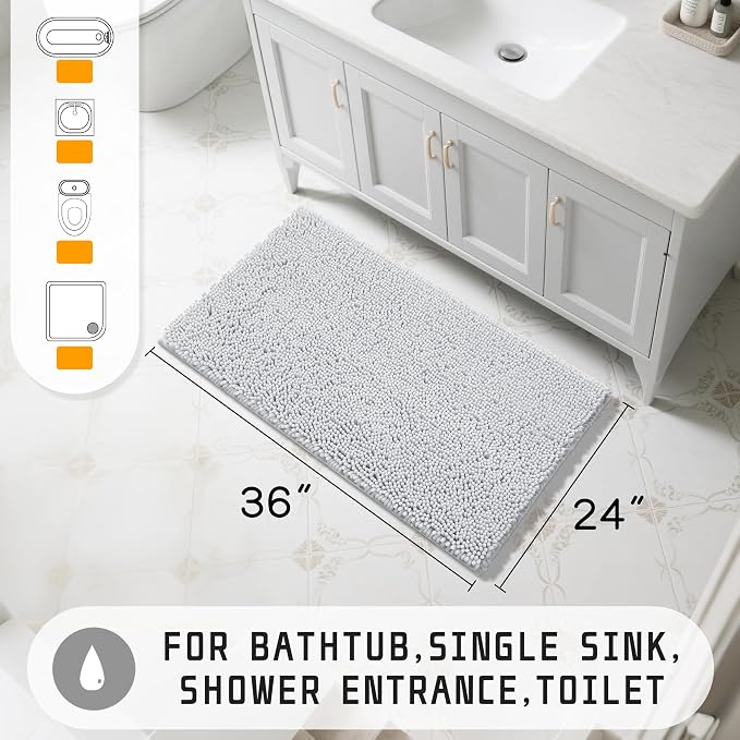 Yimobra Large Bathroom Rugs 36"x24", Non Slip Bath Mat for Tub, Shaggy Rug Floor Carpet, Extra Soft Super Absorbent Quick Dry, Machine Washable,Silver