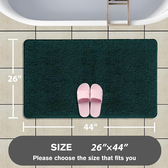 Dark Teal Bathroom Rugs – Absorbent and Washable Bath Mat, Non-Slip, Thick Soft Chenille Bath Rugs for Bathroom Floor, Shower, Sink - 26" x 44"