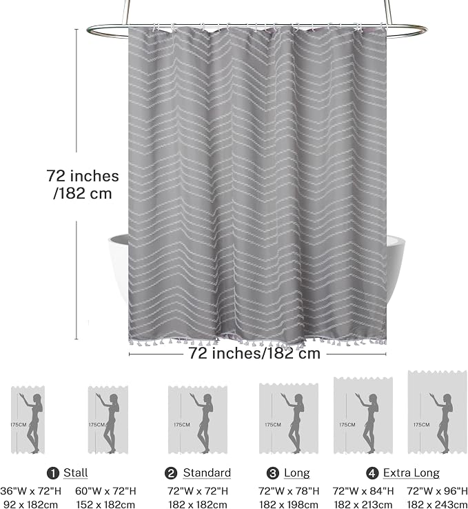 Siiluminisoy Boho Shower Curtain with Tassel Woven Fabric Grey Shower Curtain 72 x 72 Modern Farmhouse Textured Tufted Chevron Striped Minimalist Bathroom Shower Curtain Set with Hooks
