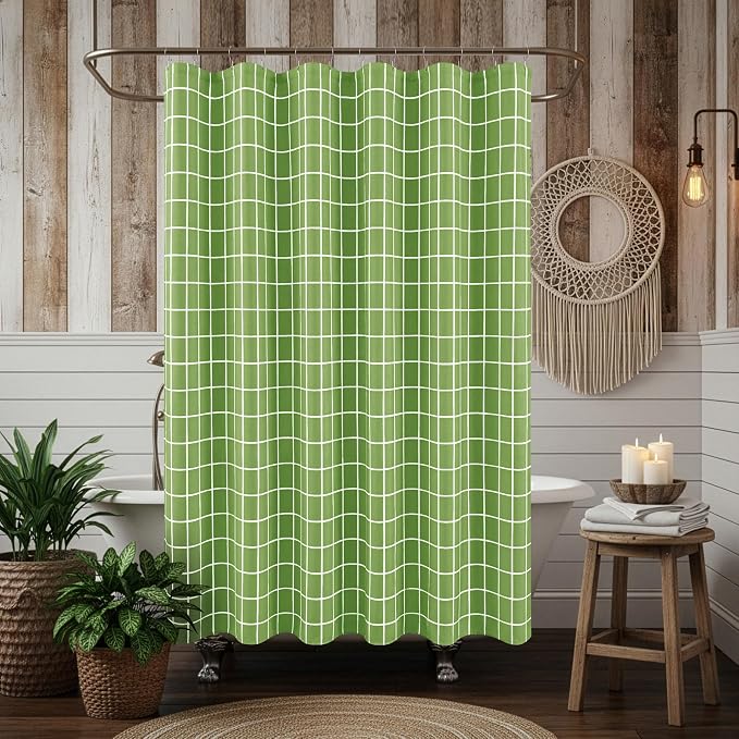 Biscaynebay Extra Long Sage Green Shower Curtain for Bathroom-72x84 Inch Fabric Modern Farmhouse Faux Linen Textured Grid Plaid Shower Curtains, Minimalist Simple Geometric Neutral Decor Washable