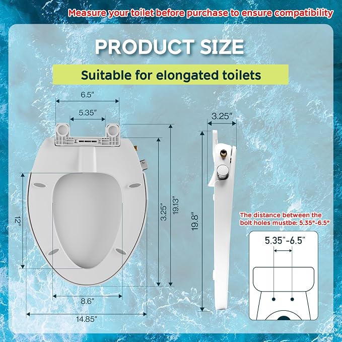Elongated Bidet Toilet Seat with Soft-Close Lid, Self-Cleaning Dual Nozzles, Non-Electric Bidet Seat with Adjustable Water Pressure, White Toilet Seat for Elongated Toilets with Brass