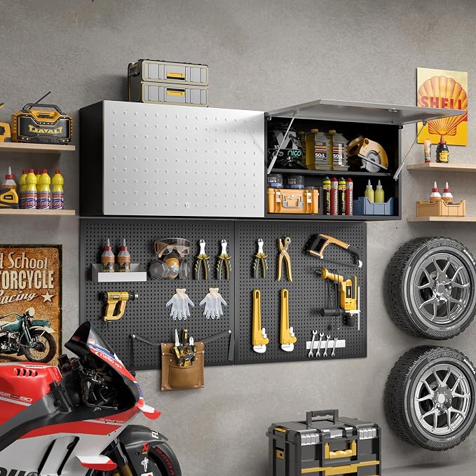 Garage Wall Cabinet, Metal Tool Cabinet with Lock&Adjustable Shelf | 20"H Wall Mounted Garage Storage Cabinets with Up-Flip Door, Steel Float Locker for Basement, Workshop, Kitchen, Black-silver