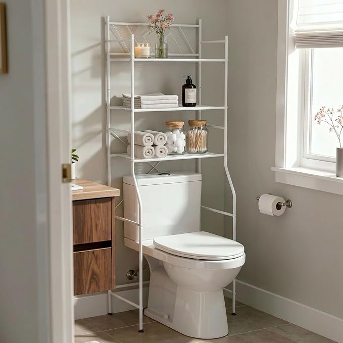 Home Zone Living Over-the-Toilet Bathroom Storage Cabinet Organizer | Freestanding Steel Frame Design with 3-Tier Shelves, Wide Stabilizing Base and Adjustable Feet, White