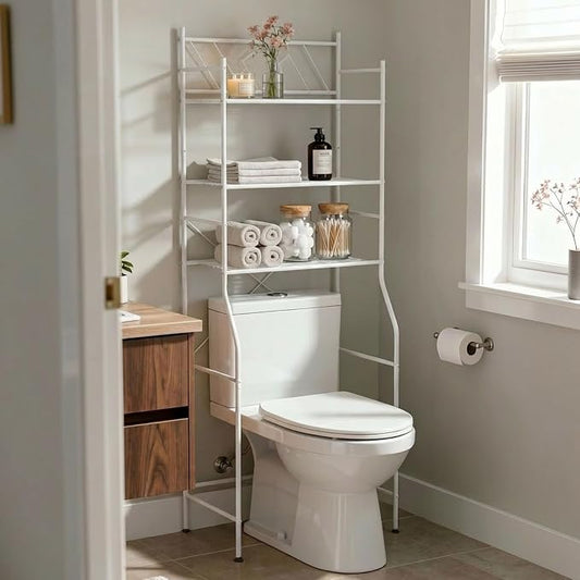 Home Zone Living Over-the-Toilet Bathroom Storage Cabinet Organizer | Freestanding Steel Frame Design with 3-Tier Shelves, Wide Stabilizing Base and Adjustable Feet, White