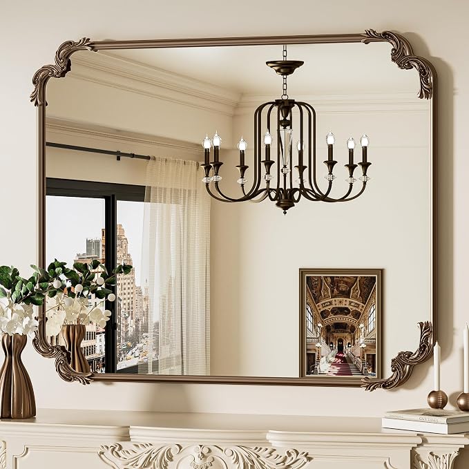 Baroque Gold Antique Brass Scroll Wall Mirror 42 x 36 Vintage Rectangle Framed Baroque French Rectangular Mirror for Mantle Fireplace Bathroom Living Room, Horizontal/Vertical