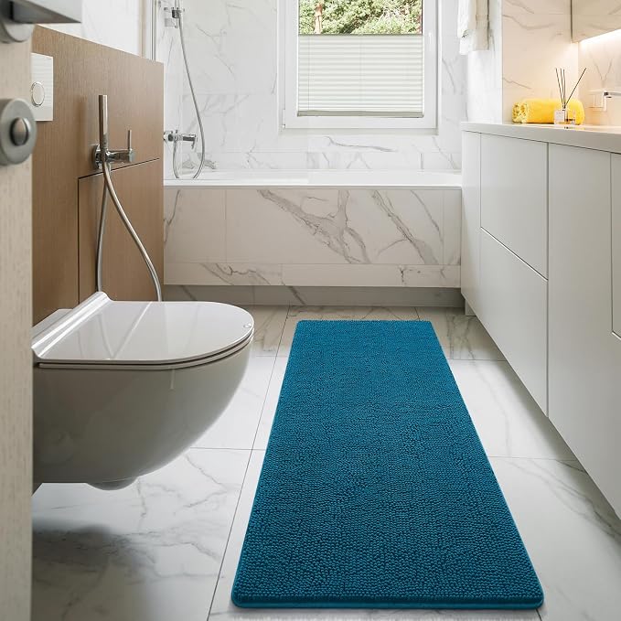 LOCHAS Luxury Bathroom Rug Shaggy Bath Mat 24 x 70 Inch, Peacock Blue | Washable Non Slip Bath Rugs for Bathroom Shower, Soft Plush Chenille Absorbent Carpets
