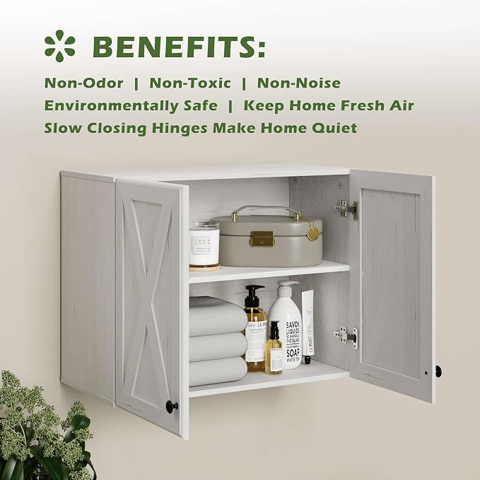 FIMELLO Laundry Room Wall Cabinets,Farmhouse Wall Mounted Cabinets for Kitchen Garage Laundry Storage, Medicine Cabinet with 2 Door and Shelf, Bathroom Wall Cabinet, White