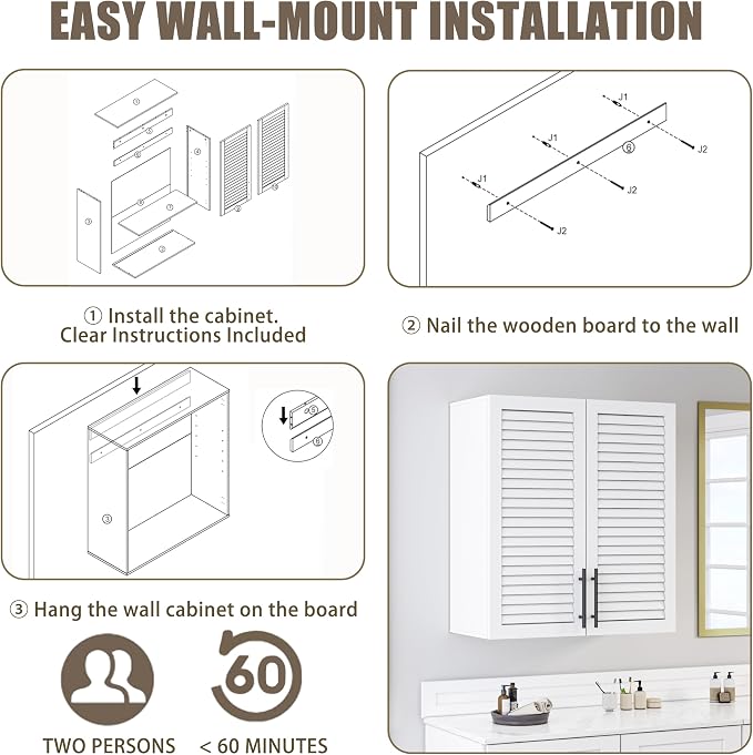 60" Laundry Room Wall Cabinet with Shutter Style Doors, Wall Storage Cabinet with Adjustable Shelf, Bathroom Wall Cabinet, Upper Storage for Laundry Room, Bathroom, Kitchen, Garage, White