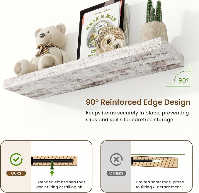 9.25in Depth 36in Floating Shelves, 36x9.25x1.4, Vintage White, Set of 2 | Wall Mounted Engineered Wood Shelves, Invisible Brackets for Living Room, Bedroom, Bathroom, Kitchen Decor and Storage