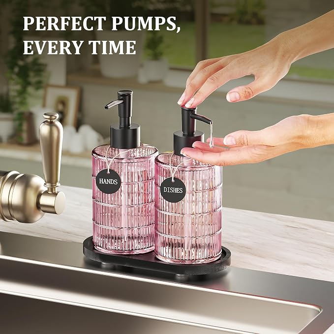 MASADI Soap Dispenser Set with Bamboo Tray, Dish and Hand Soap Lotion Dispenser Set with Wooden Pump for Kitchen and Bathroom Decor for Counter, Modern Vintage Liquid Soap Dispensers (Pink&Black)