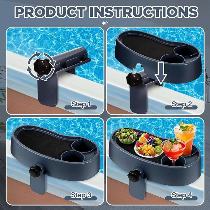 3 Pcs Hot Tub Table Tray, Adjustable Aboveground Bathtub Tray with 2 Cup Holder, Between 2'' to 7.5'' Nonslip Hot Tub Accessories Shelf Drinks Snacks Phone Holder for Spa Bathtub (Navy Blue)