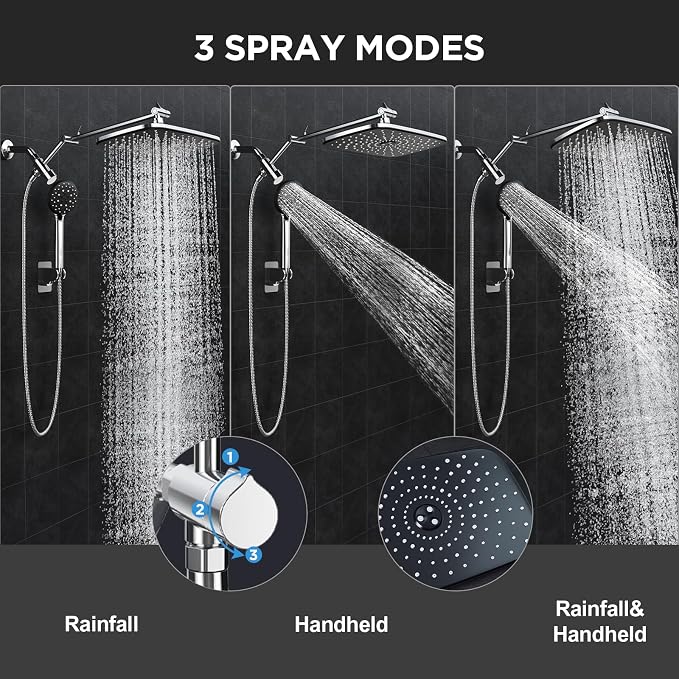 Veken 11.8" High Pressure Shower Head with Handheld, Metal Core Fittings | Handheld Shower Heads with Multi Spray Modes, Rainfall Combo, Detachable Dual Shower, Bathroom Decor, Durable, Chrome Silver