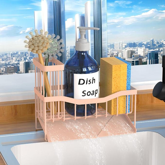 Fssvcd Maifan Sink Caddy Sponge Holder for Kitchen with Brush Holder and Stainless Steel Self Drain Tray, Rustproof Kitchen Sink Organizer for Sponge, Soap Dispenser Storage Accessories Pinky White