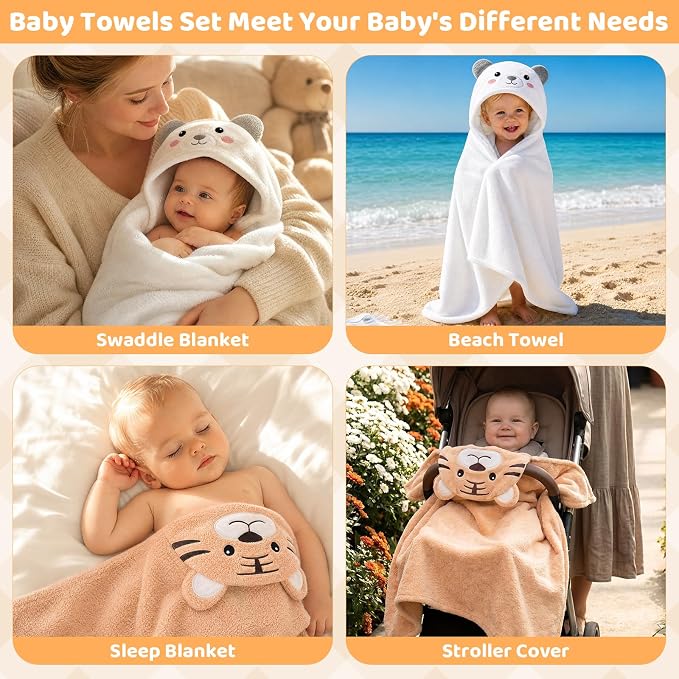 6 PCS Toddler Towels Set for Boy Girl 0-5 Year Essentials, White & Orange | Large Size 55"x27.5", 2 PCS Hooded Baby Bath Towels & 4 PCS Washcloths, Ultra Soft, Thick and Absorbent, Newborn Essentials