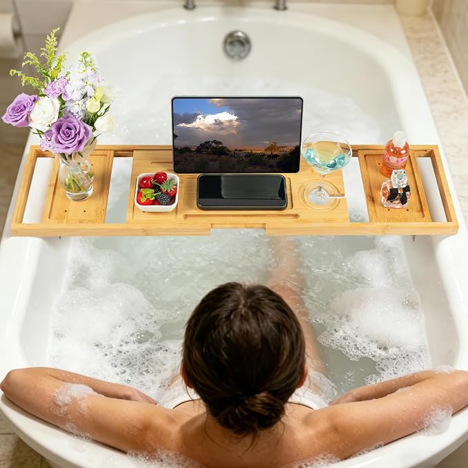 Utoplike Bamboo Bathtub Tray Caddy for Tub, Bath Table Bathroom Organizer | Adjustable, with Book Tablet Stand, Wine Glass Cup, 2 Sliding Towel Holder