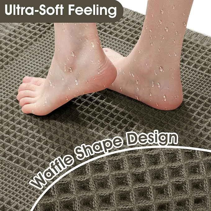 Upgraded Waffle Bath Mat, 36"x24" Greyish Green-Looped, Super Absorbent Non-Slip Quick Dry Bathroom Rugs with Tassels, Machine Washable Ultra Soft Boho Bath Rugs, Toilet Mats Boho Farmhouse Decor