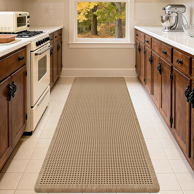 Waffle Bath Mat Grey & Beige 5'x2', Boho Woven Modern Bath Mat Rugs, Absorbent Non Slip Bathroom Rugs, Soft Washable Bath Rugs with Tassels for Bathroom, Bedroom, Kitchen, Shower, Tub