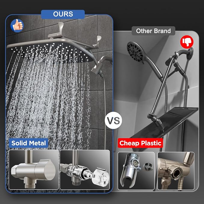 Veken Brushed Nickel 11.8" Shower Head with Handheld,Stain Resistant Finish | Handheld Shower Head with Multi Spray Modes,Rainfall Combo with 15" Metal Extension Arm,Detachable Dual Shower,Regaderas Para