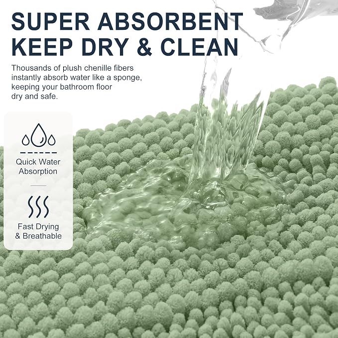 Smiry Thick Chenille Bathroom Runner Rugs 44x24, Soft Bath Mat, Sage Green | Quick‑Dry & Machine Washable, Non‑Slip Bath Carpet, Striped Bath Rugs for Tub & Shower, Modern Home Decor Accessories