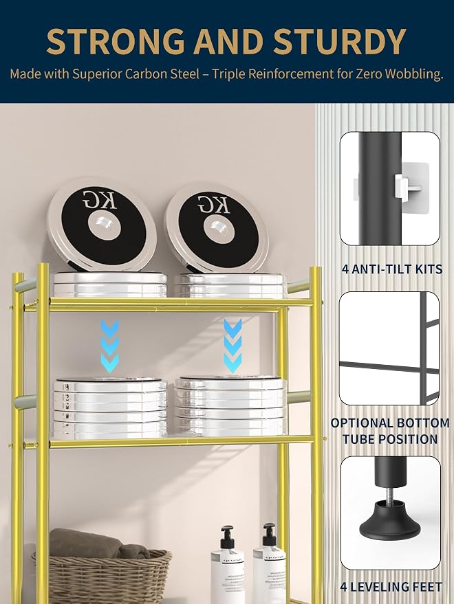 3-Tier Over Toilet Storage, Anti-Tilt, 64" H, Gold | Carbon Steel, 60lb Capacity, 26"L x 8.6"W x 64"H, Freestanding, 4 Hooks, No Drilling