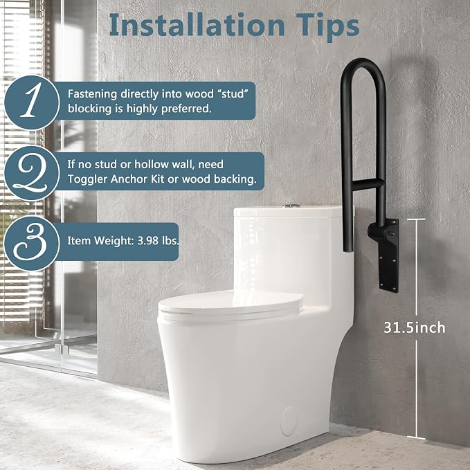 23.6 INCH Stainless Toilet Safety Rails, Matte Black Handicap Grab Bars for Elderly, Disabled Flip-Up Bathroom Grab Bar, Toilet Handrails Hand Grips Handle Shower Assist Aid