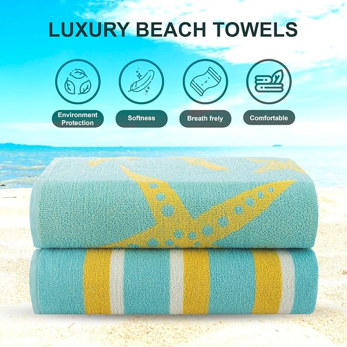 CASA COPENHAGEN Miami Towel 2Pcs Starfish Cyan - Teal Stripe Designer Stripe Beach Towels Gift Set 30"x60" Oversized 100% Cotton Pool Bath Towel for Beach Gift Set (Summer Gift Set for Women & Men)