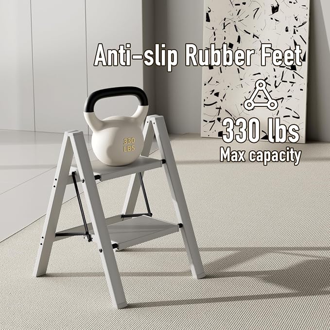 Mayi Plus 2 Step Stool Foldable, Aluminum, Lightweight Step Ladder | Extra-wide anti-slip folding steps with 330 lbs, for home,kitchen,office,outdoor,Grey