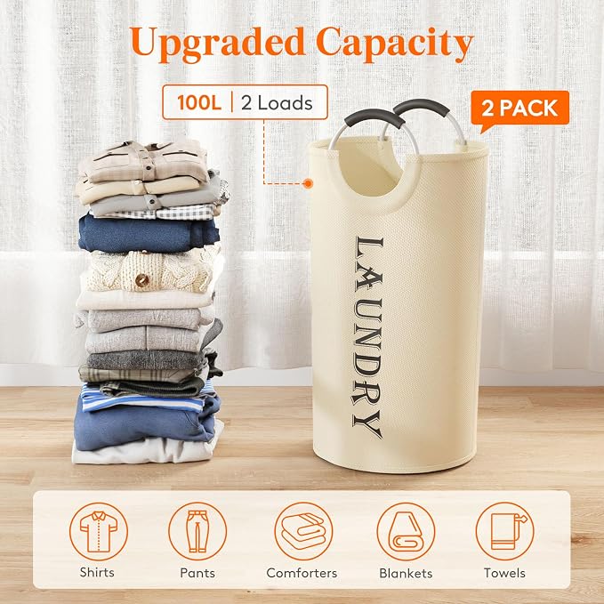 Lifewit 2 Pack 100L Laundry Basket with Aluminum Handles, White | Collapsible Large Laundry Hamper, Waterproof Fabric, Freestanding Dirty Clothes Hampers for Dorm, RV, Bedroom, Laundry Room