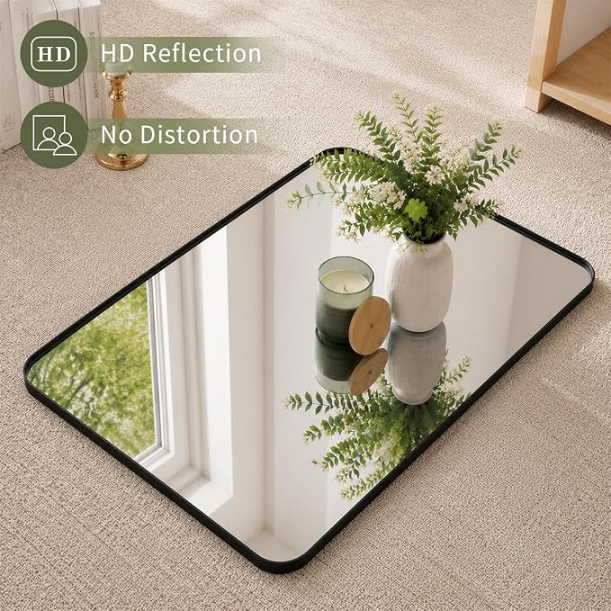 Koonmi Black Bathroom Mirror for Over Sink 24x36 inch | Wall Mirror for Bathroom Matte Rectangle Metal Deep Framed, Shatterproof Tempered Glass, Hang Vertically or Horizontally