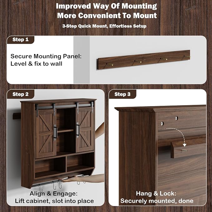 RUSTOWN Farmhouse Bathroom Wall Storage Cabinet with Sliding Barn Doors | 3-Tier, Rustic Wood Wall Mounted Cabinets, Vintage Medicine Cabinet, Adjustable Shelves, Over The Toilet Storage Cabinet