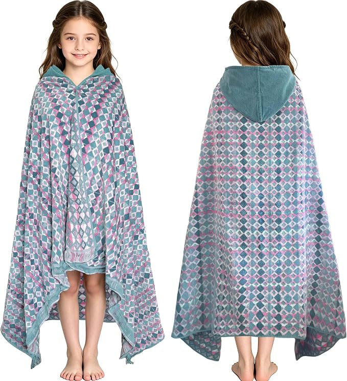 VOOVA & MOVAS Big Kids Hooded Bath Wrap, 8+, 100% Cotton,Pink White Lattice | Diamond Lattice Pattern, Soft, Absorbent & Fast Drying, Perfect for Bath and Outdoor Water Play