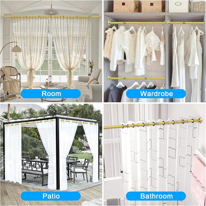 TEECK Shower Curtain Rod, 32-43 inch Adjustable Spring Tension Curtain Rod, Never Rust Anti-Slip Shower Curtain Rod for Bathroom, No Drilling, Never Collapse, Easy to Use, Gold