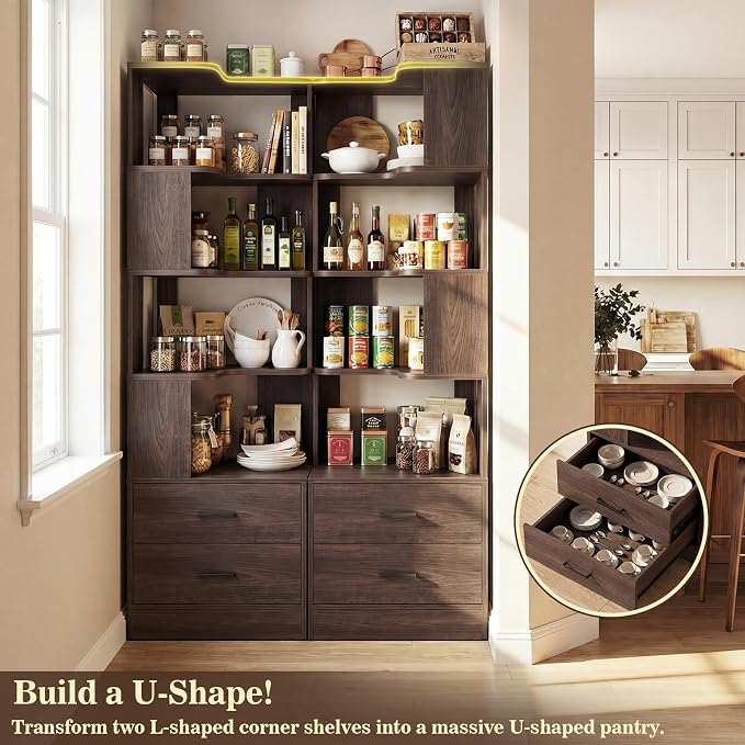 Corner Book Shelf with Drawers, Small Corner Shelf with Drawers | L Shaped BookShelf 6-tier Bookcase for Bedroom Storage, Living Room, Home Office, Kitchen Pantry, Black Walnut