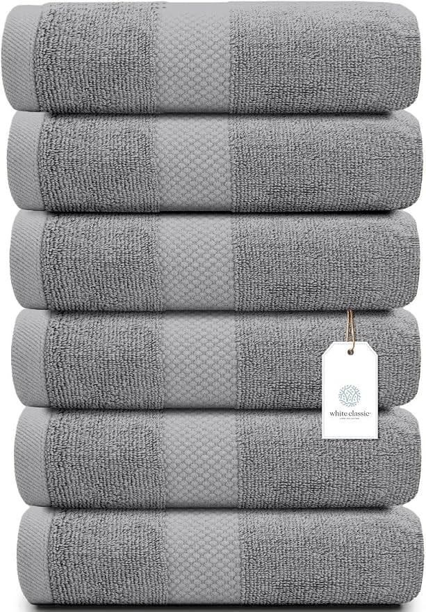 White Classic Luxury Light Gray Hand Towels - Soft 100% Turkish Cotton | Highly Absorbent Hotel spa Bathroom Towel Collection | 16x30 Inch | Set of 6