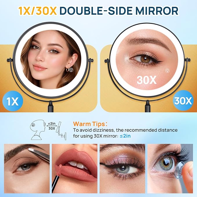 Magnifying Mirror with Lights 1x/30x: 9" Wall Mounted Lighted Makeup Mirror | Rechargeable 3000mAh, Double Sided, Extendable Arm, 360° Swivel Bathroom Mirror, Black