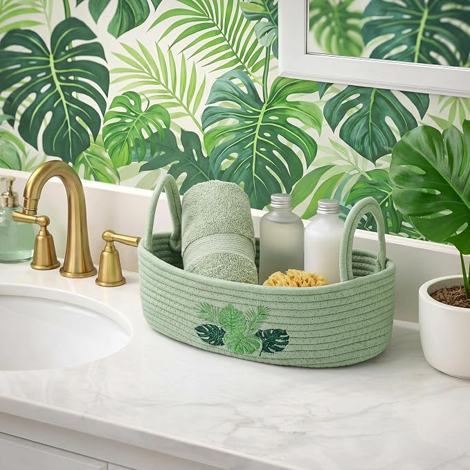 Vesici Palm Leaves Toilet Paper Basket Boho Woven Cotton Rope Bathroom Countertop Organizer with Handle Green Summer Tropical Monstera Bathroom Storage Decor for Bedroom Nursery, 13 x 6 x 4 Inch