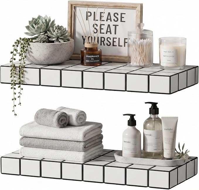 Floating Shelves, Set of 2, White with Black Lines | 15.7"W x 6.7"D x 1.5"H, set of 2, 25 lbs per shelf, 3D tile texture, splash-resistant, ~30 min assembly.