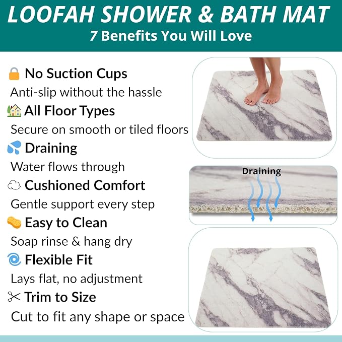 Extra Large Square Shower Mat Non Slip - Soft Loofah Mat - Bathroom Shower Mat Stall - Shower Mat Square - No Slip Shower Mats - Shower Floor Mat - Square Shower Mats for Showers (Gray Marble 31x31)