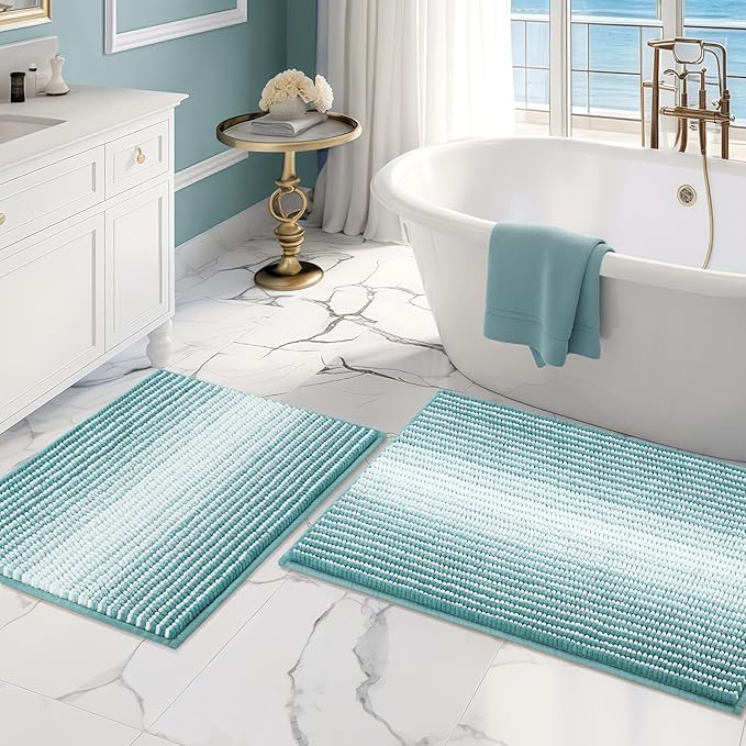 Bathroom Rugs and Mats Sets, 2 Piece Thick Absorbent Chenille Bath Mat Rug Set Non Slip, Soft Shaggy Bath Room Floor Mats for Bathroom, Machine Washable (Aqua Green, 20" x 32" Plus 16" x 24")