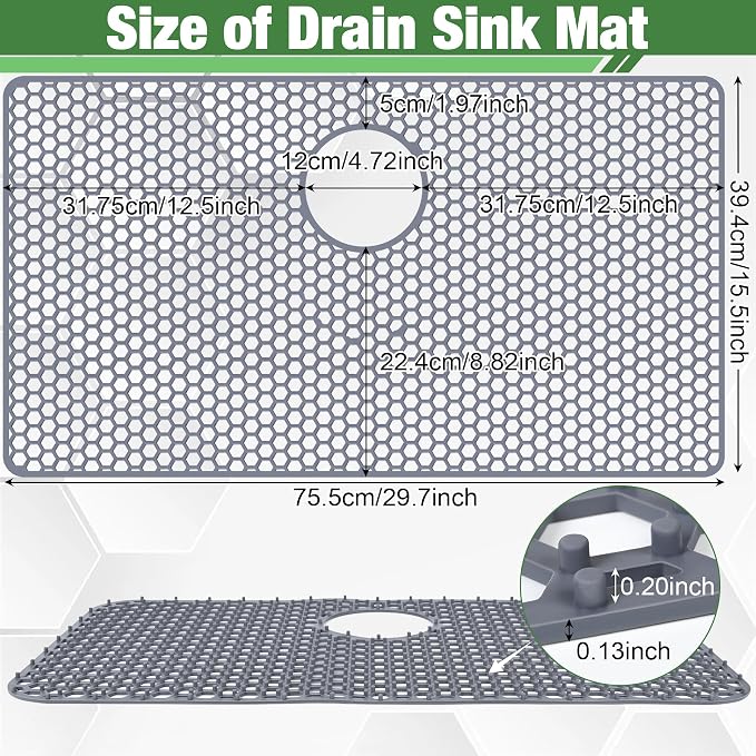 Sink Protectors Mat - 29.7"x15.5"Kitchen Sink Pad for Bottom of Basin for Protection of Stainless Steel and Tableware, Farmhouse Rubber Basin Mat Protector with Rear Drain - Light Gray