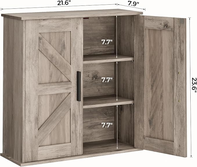 Homleke Bathroom Wall Cabinet, Medicine Cabinet with Adjustable Shelves | 3-Tier Wall Mounted Over Toilet Storage with Barn Doors, for Bathroom, Kitchen, Entryway, Laundry Room, Greige, (7.9" D)